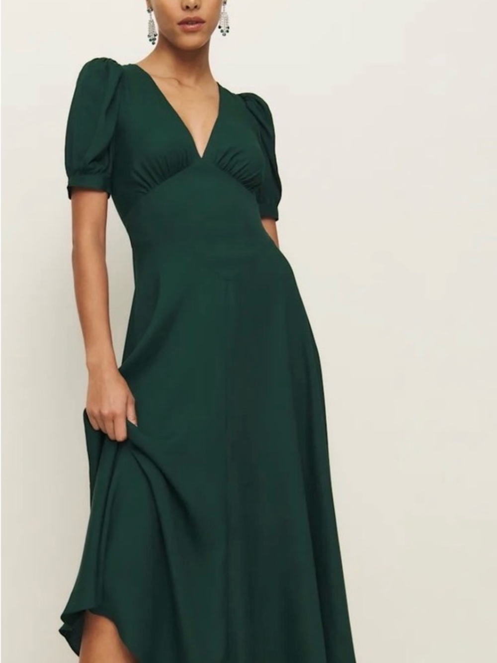Reformation Elegant Deep Green V-Neck Midi Dress
